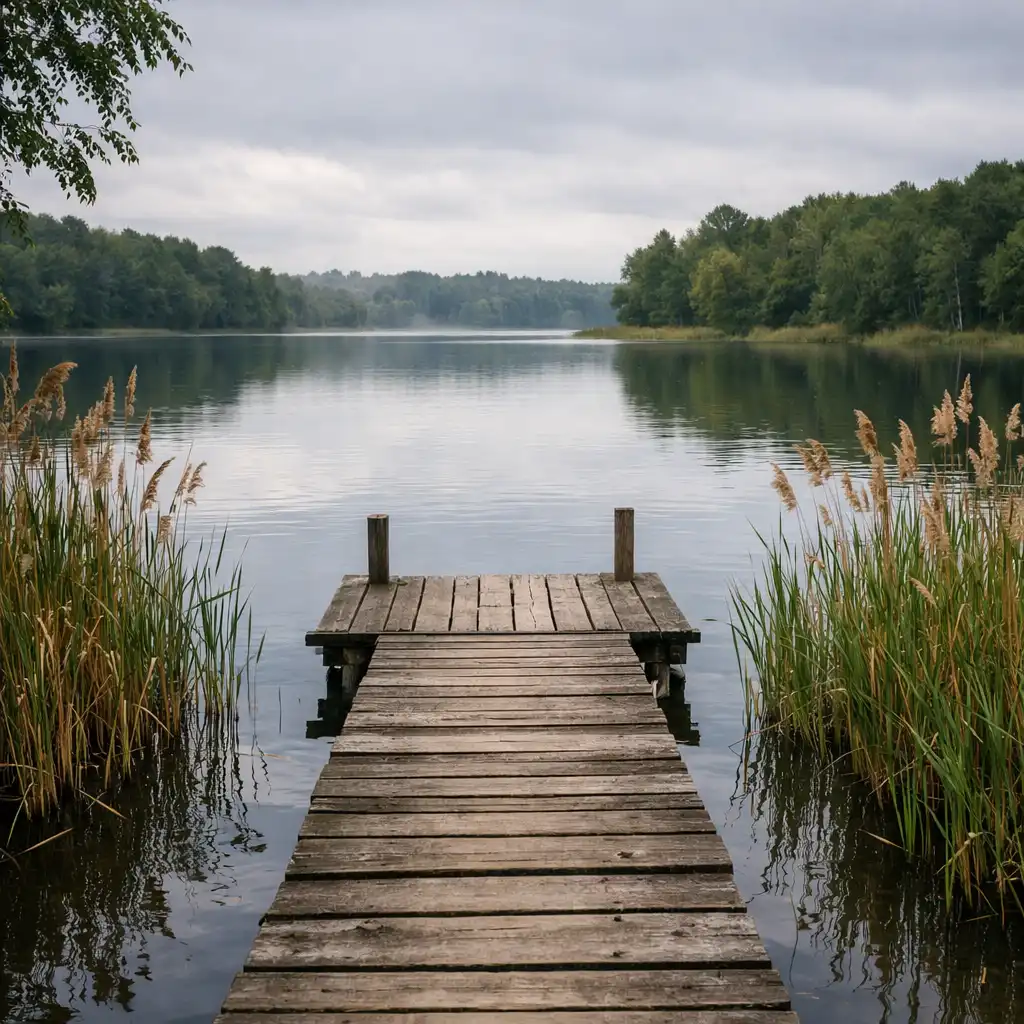 Spokojne jezioro z pomostem otoczone trzcinami i drzewami
