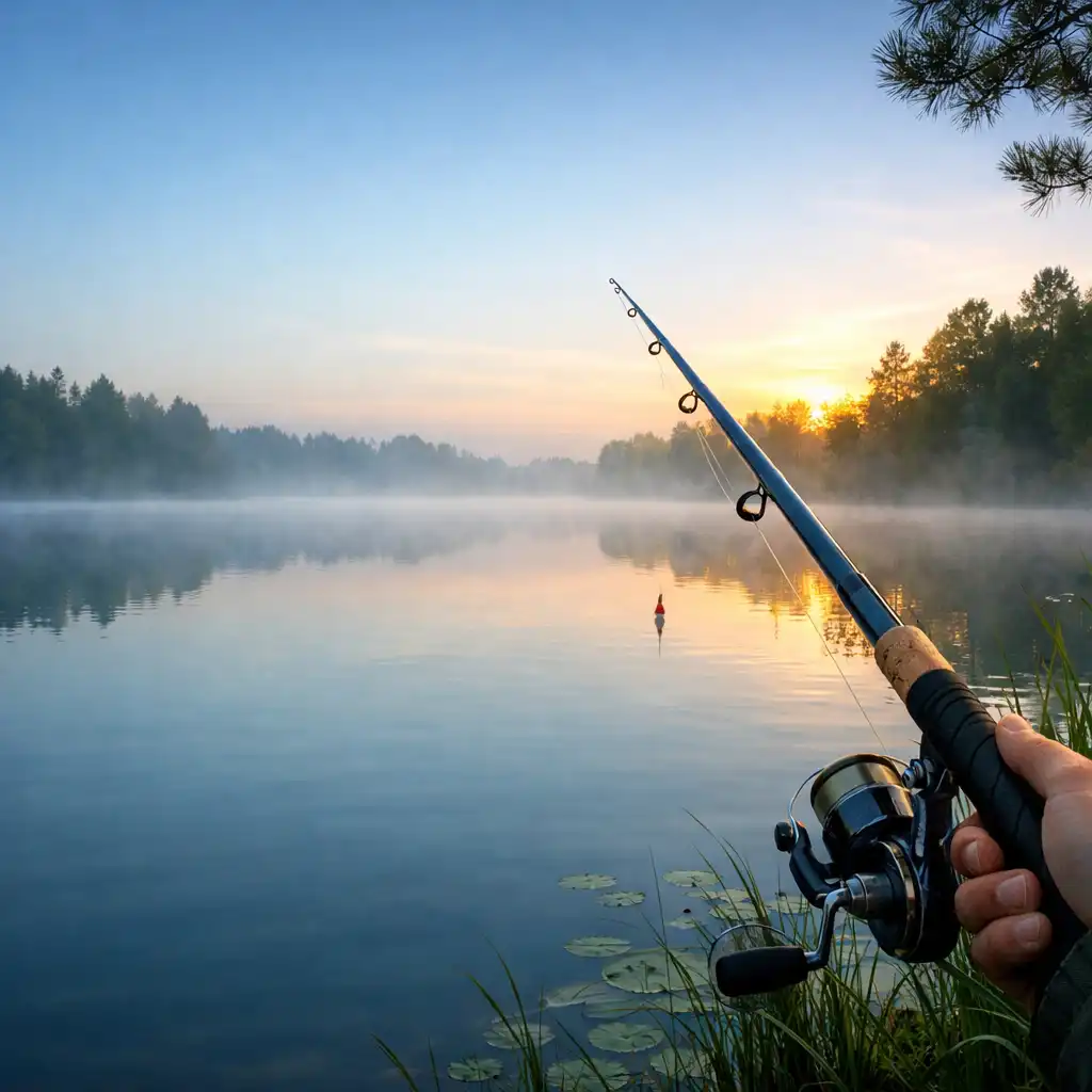 Spokojne jezioro o wschodzie słońca w grze My Fishing World, z wędką w dłoni gracza i delikatną mgłą nad wodą